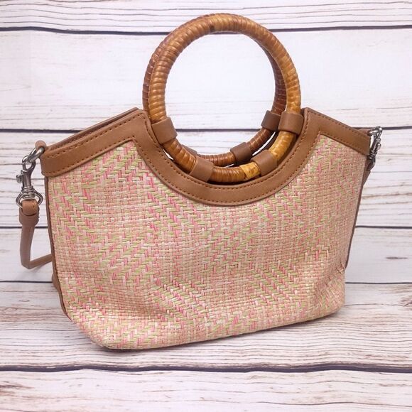 Vintage Fossil Pink and Tan Straw Purse Shoulder Crossbody Bag Wooden Handles - Picture 3 of 15